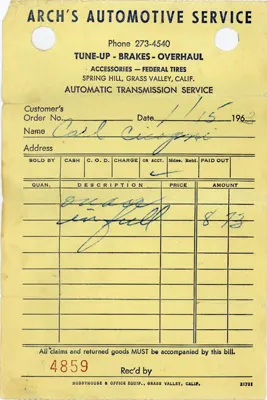 Arch’s Automotive Service receipt - January 15, 1963.