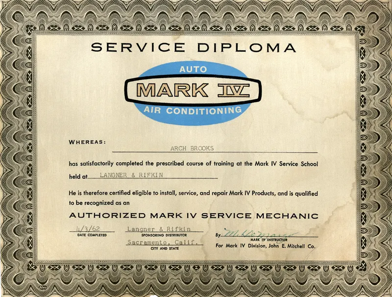 Mark IV Auto Air Conditioning Diploma [1962].